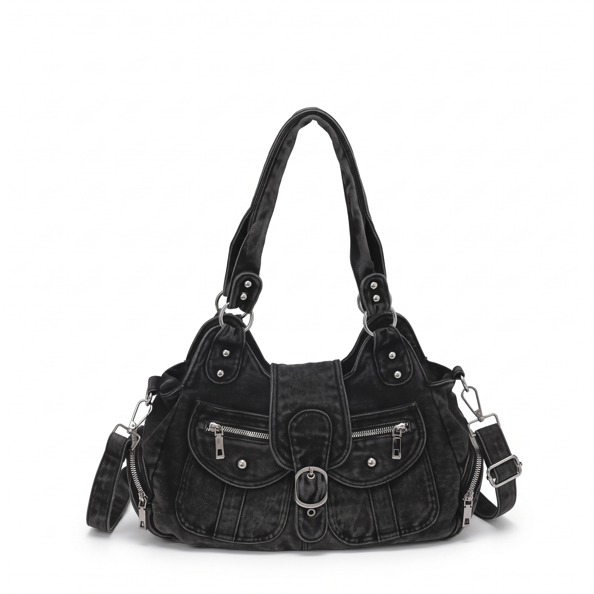 Washed Denim Shoulder Bag for Women, Washed Black Y2K Studded Moto Bag