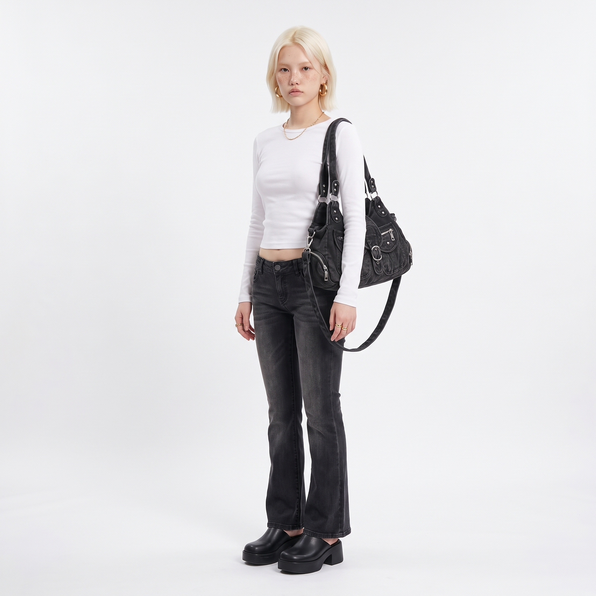 Washed Denim Shoulder Bag for Women, Washed Black Y2K Studded Moto Bag