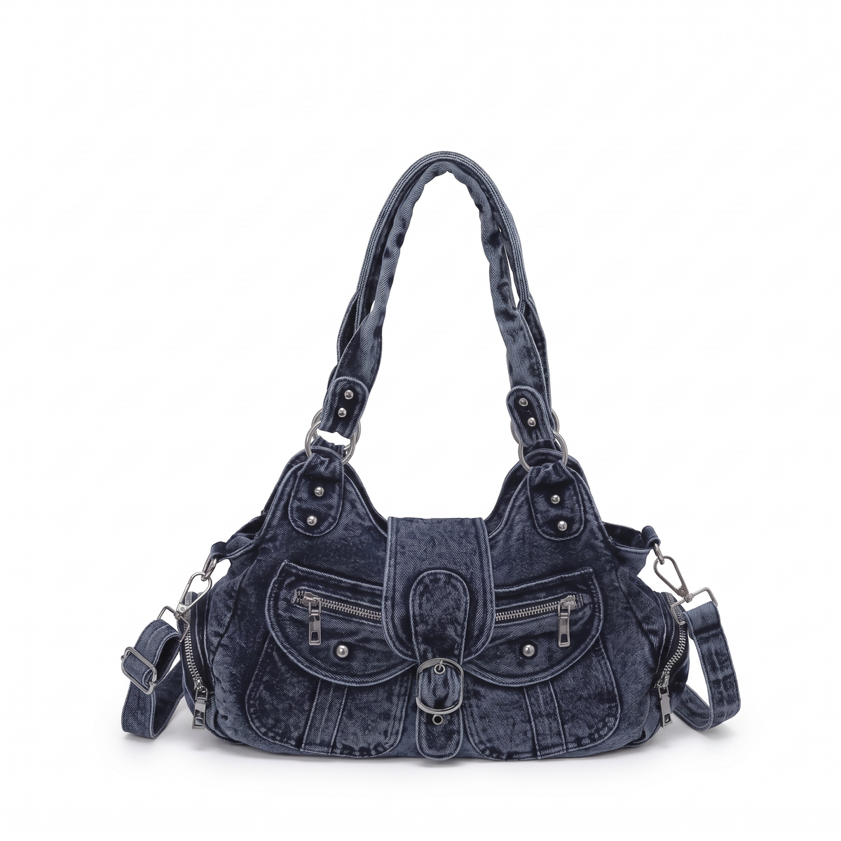 Washed Denim Shoulder Bag for Women, Washed Black Y2K Studded Moto Bag