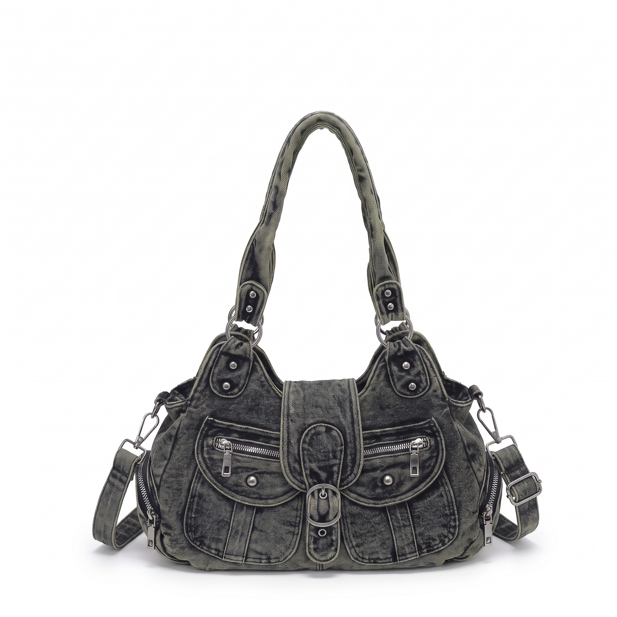 Washed Denim Shoulder Bag for Women, Washed Black Y2K Studded Moto Bag