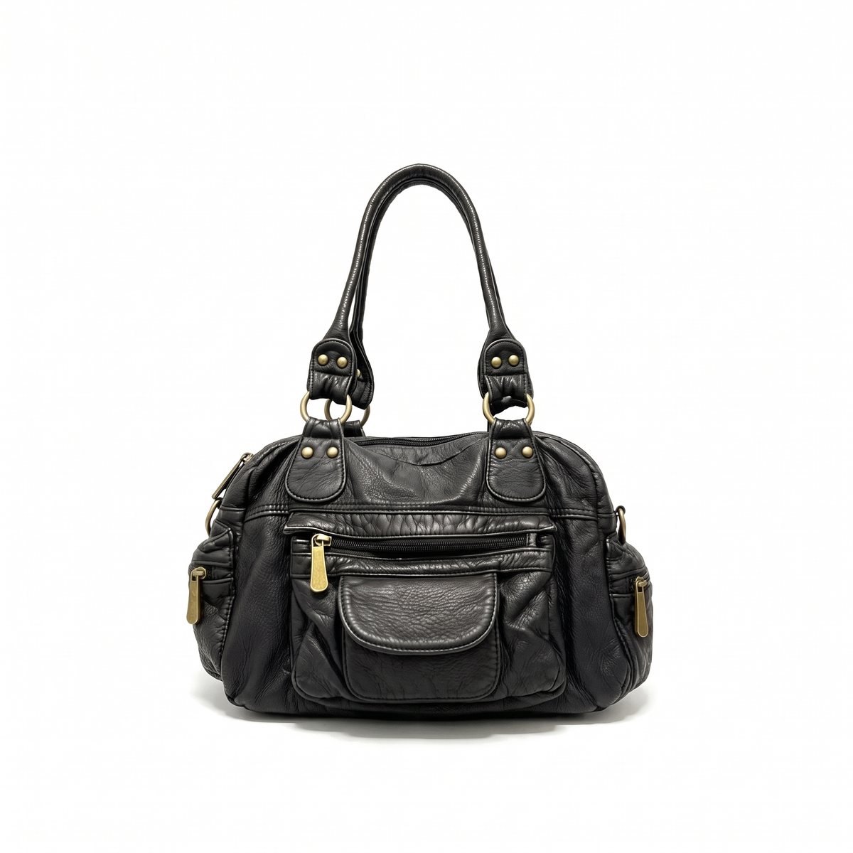 Washed Faux Leather Bowling Bag for Women, Black Y2K Top Handle Handbag