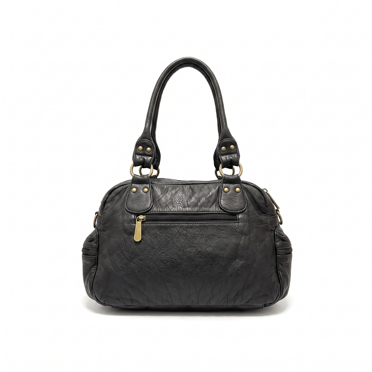 Washed Faux Leather Bowling Bag for Women, Black Y2K Top Handle Handbag