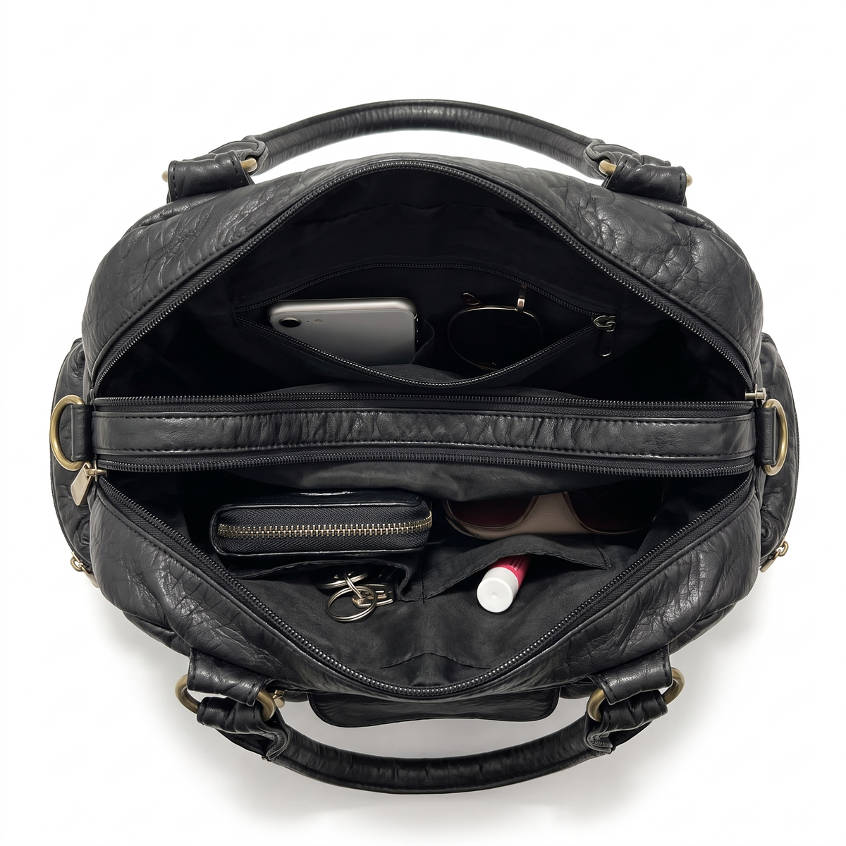 Washed Faux Leather Bowling Bag for Women, Black Y2K Top Handle Handbag