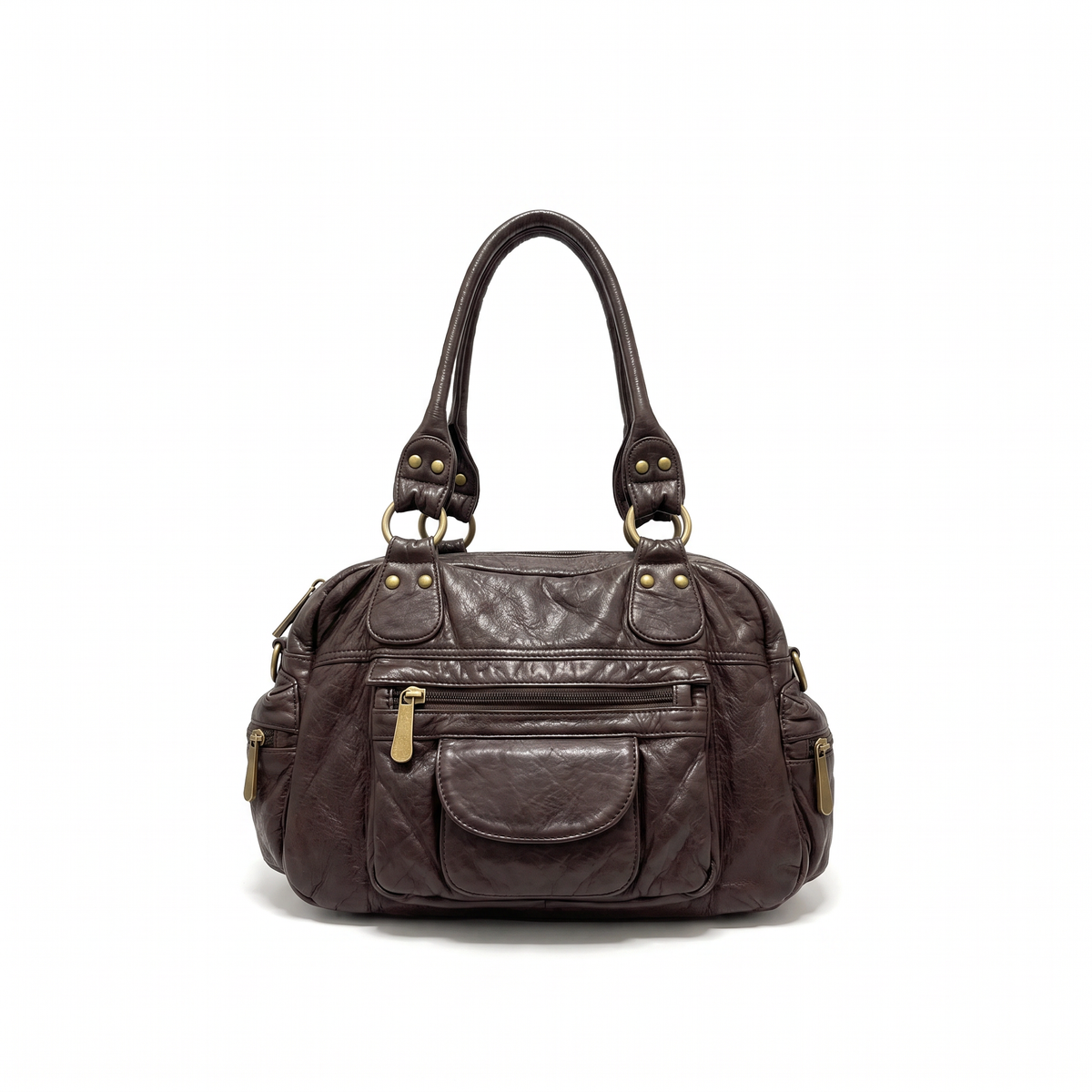 Washed Faux Leather Bowling Bag for Women, Black Y2K Top Handle Handbag