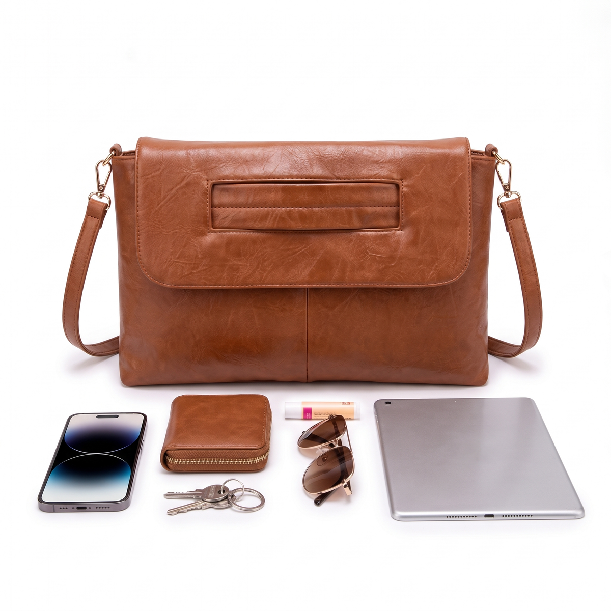 Washed Faux Leather Envelope Clutch for Women, Cognac Oversized Clutch Bag