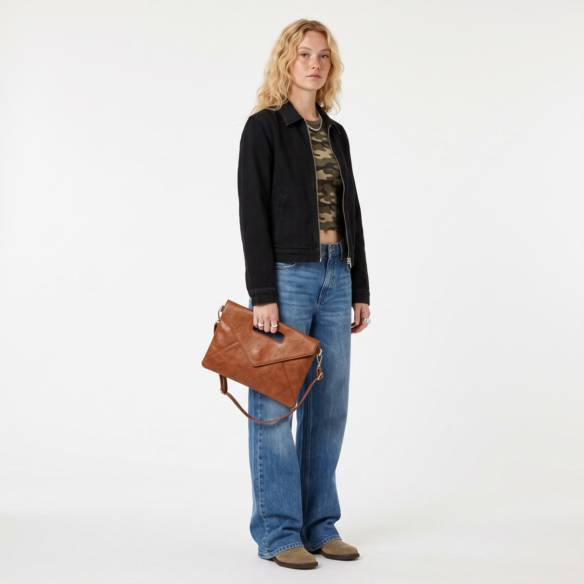 Washed Faux Leather Envelope Clutch for Women, Cognac Oversized Clutch Bag