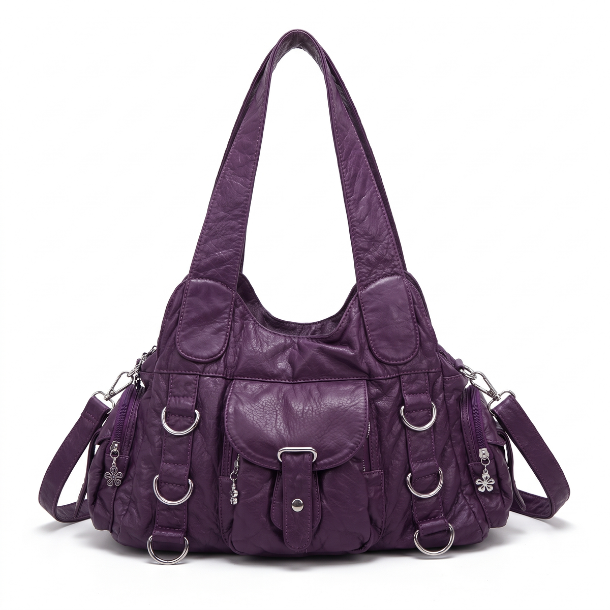 Washed Faux Leather Hobo Bag for Women, Purple Y2K D-Ring Shoulder Bag