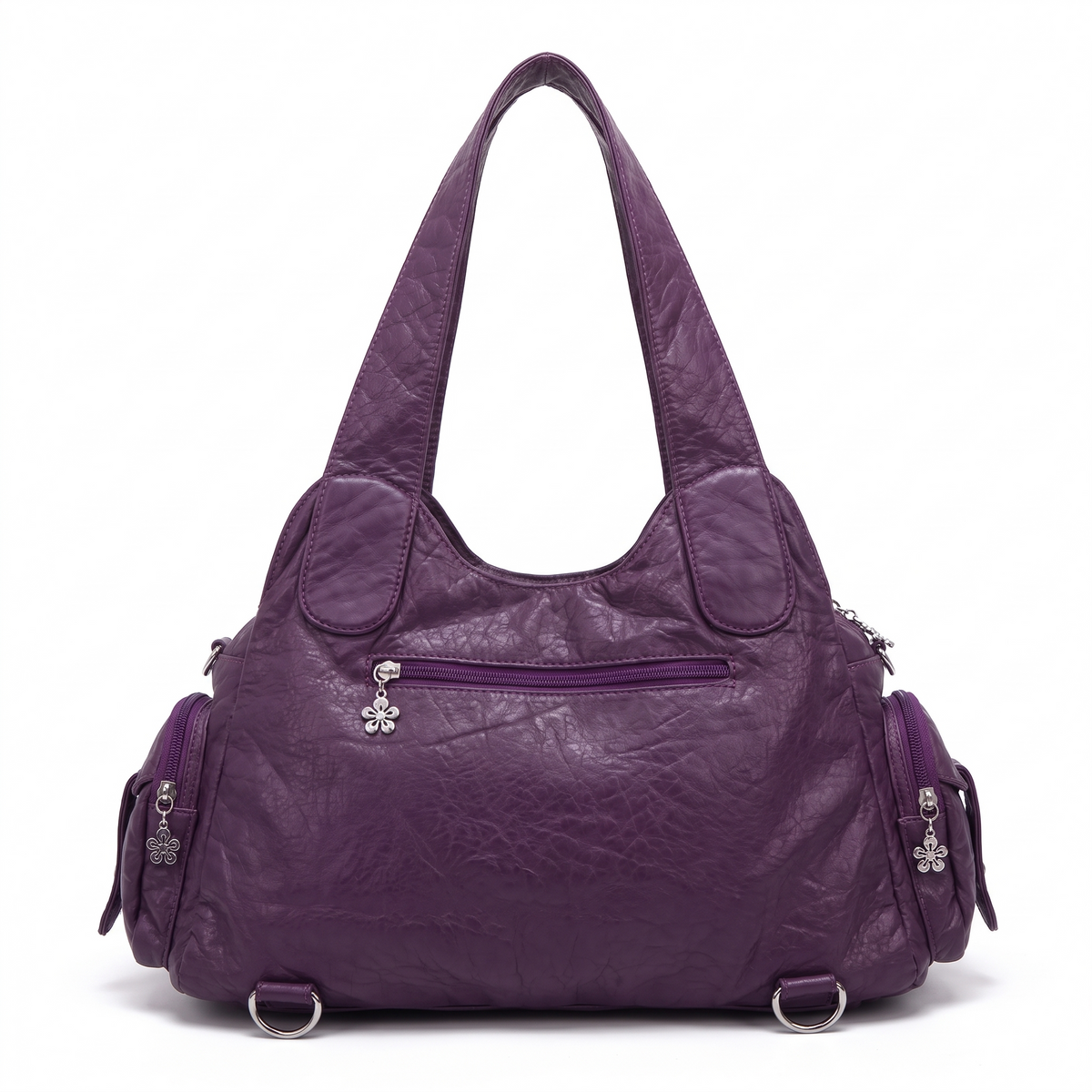 Washed Faux Leather Hobo Bag for Women, Purple Y2K D-Ring Shoulder Bag