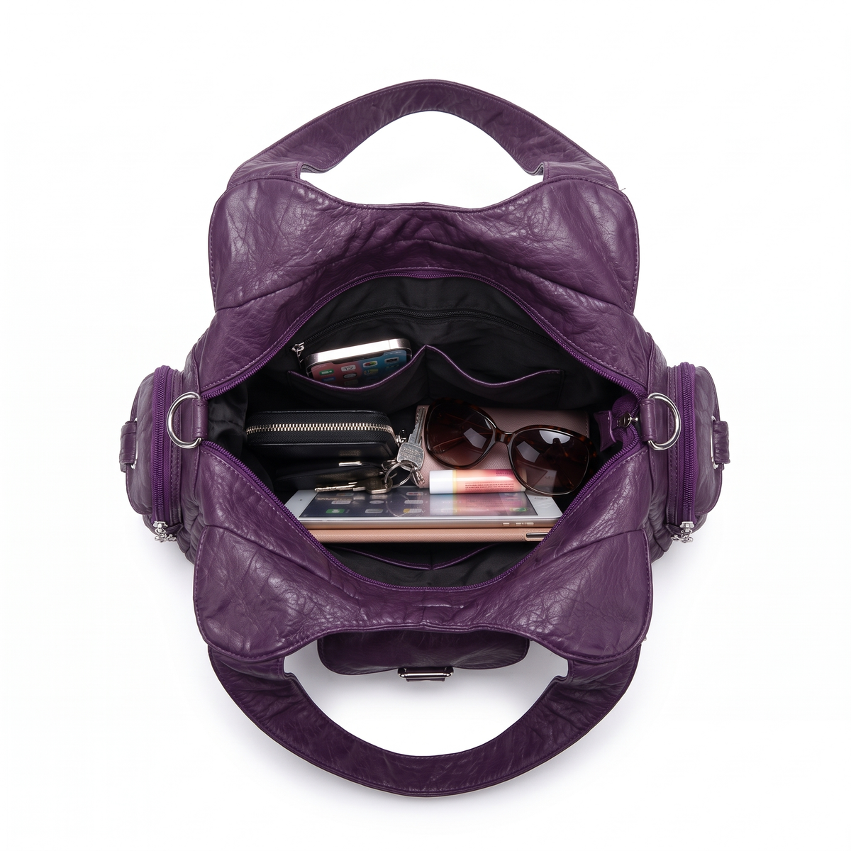 Washed Faux Leather Hobo Bag for Women, Purple Y2K D-Ring Shoulder Bag
