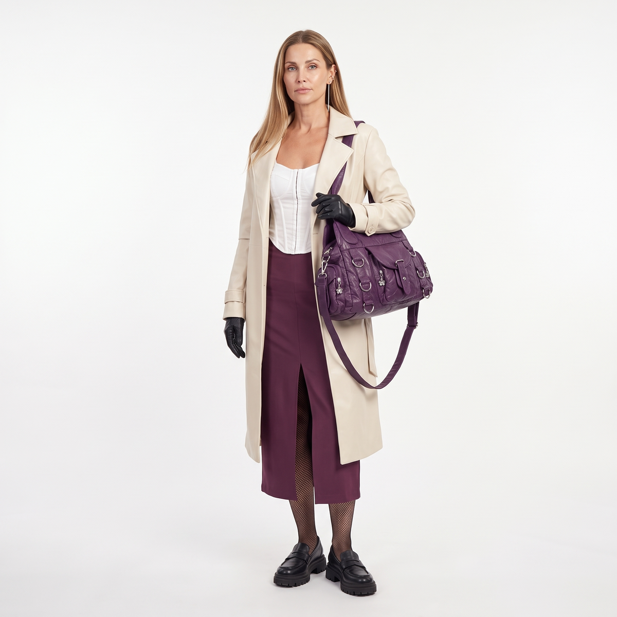 Washed Faux Leather Hobo Bag for Women, Purple Y2K D-Ring Shoulder Bag