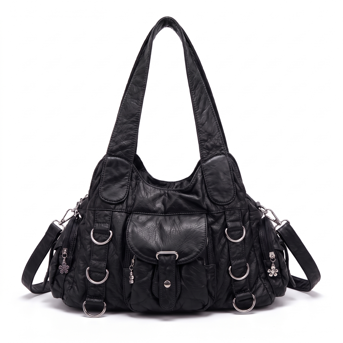 Washed Faux Leather Hobo Bag for Women, Purple Y2K D-Ring Shoulder Bag