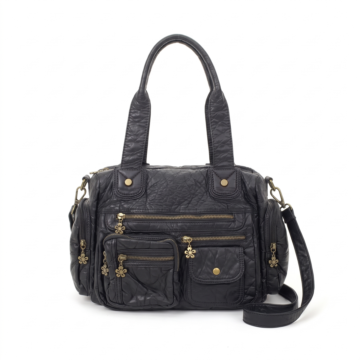 Washed Faux Leather Multi Pocket Shoulder Bag for Women, Black Y2K Bag
