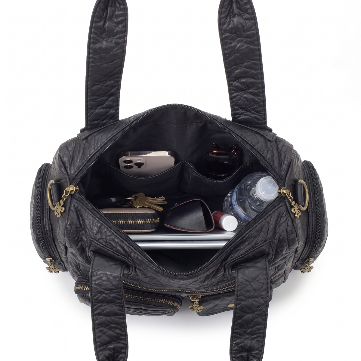 Washed Faux Leather Multi Pocket Shoulder Bag for Women, Black Y2K Bag