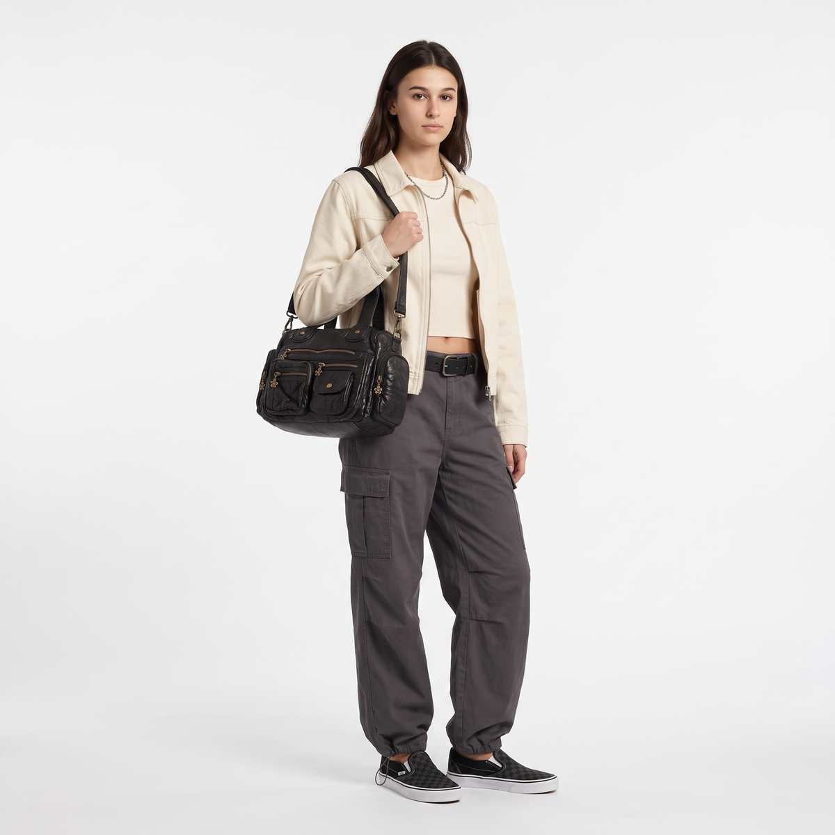 Washed Faux Leather Multi Pocket Shoulder Bag for Women, Black Y2K Bag