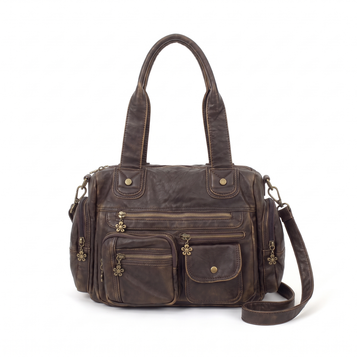 Washed Faux Leather Multi Pocket Shoulder Bag for Women, Black Y2K Bag