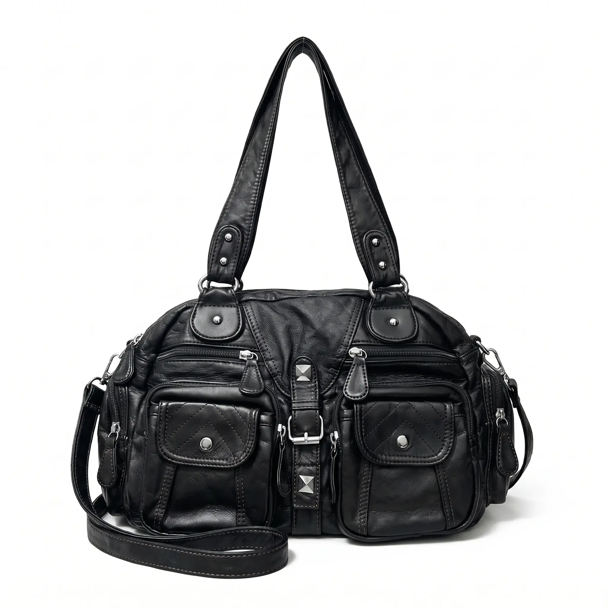 Washed Faux Leather Pocket Shoulder Bag for Women, Black Y2K Studded Bag