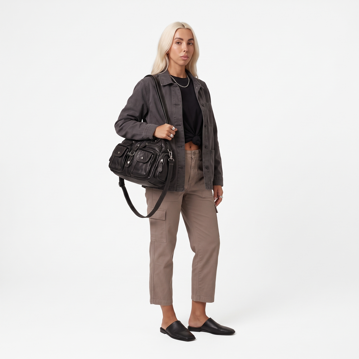 Washed Faux Leather Pocket Shoulder Bag for Women, Black Y2K Studded Bag