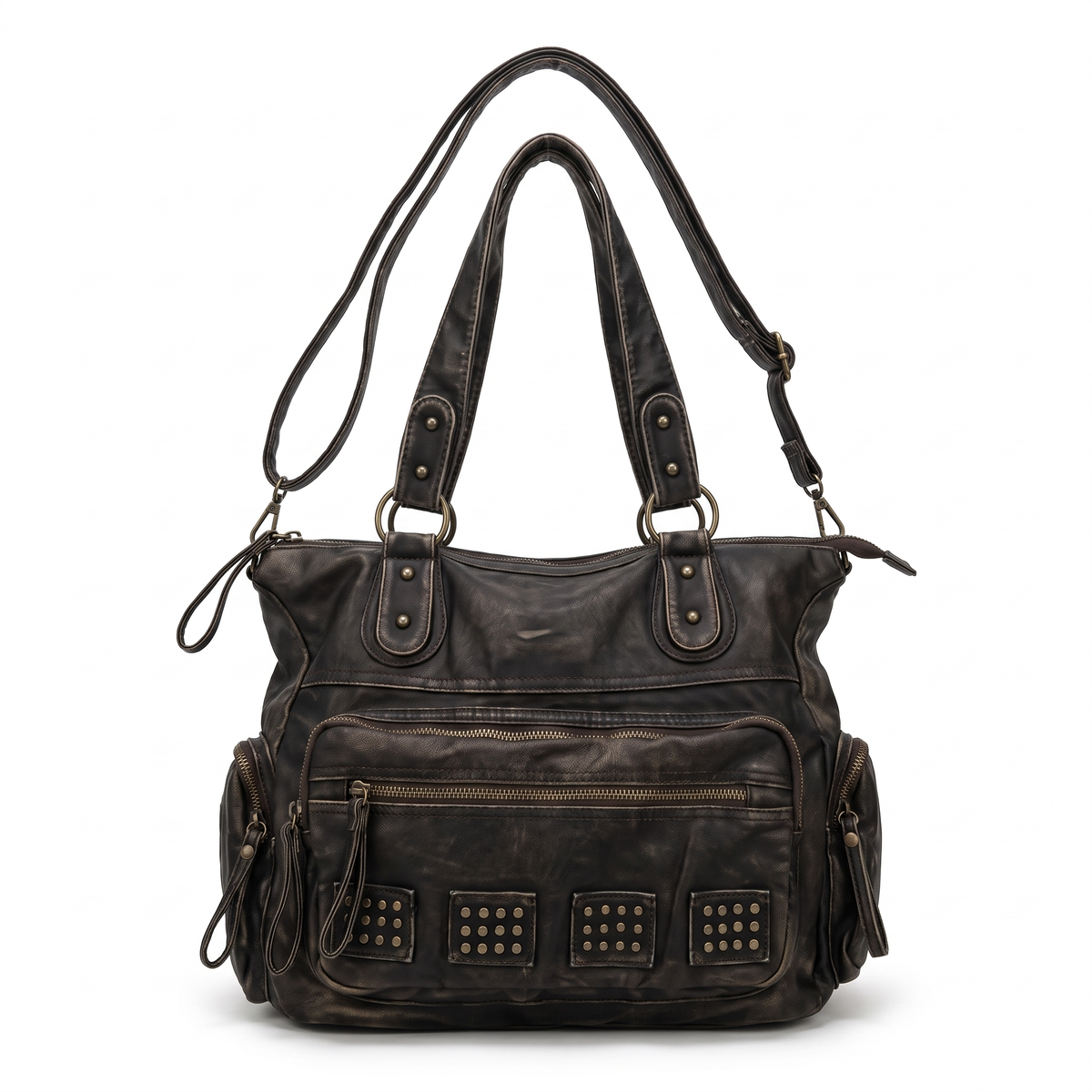 Washed Faux Leather Studded Shoulder Bag for Women, Vintage Black Y2K Bag