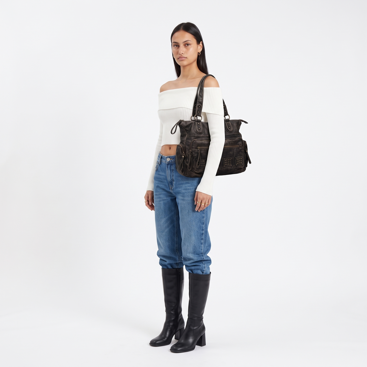 Washed Faux Leather Studded Shoulder Bag for Women, Vintage Black Y2K Bag