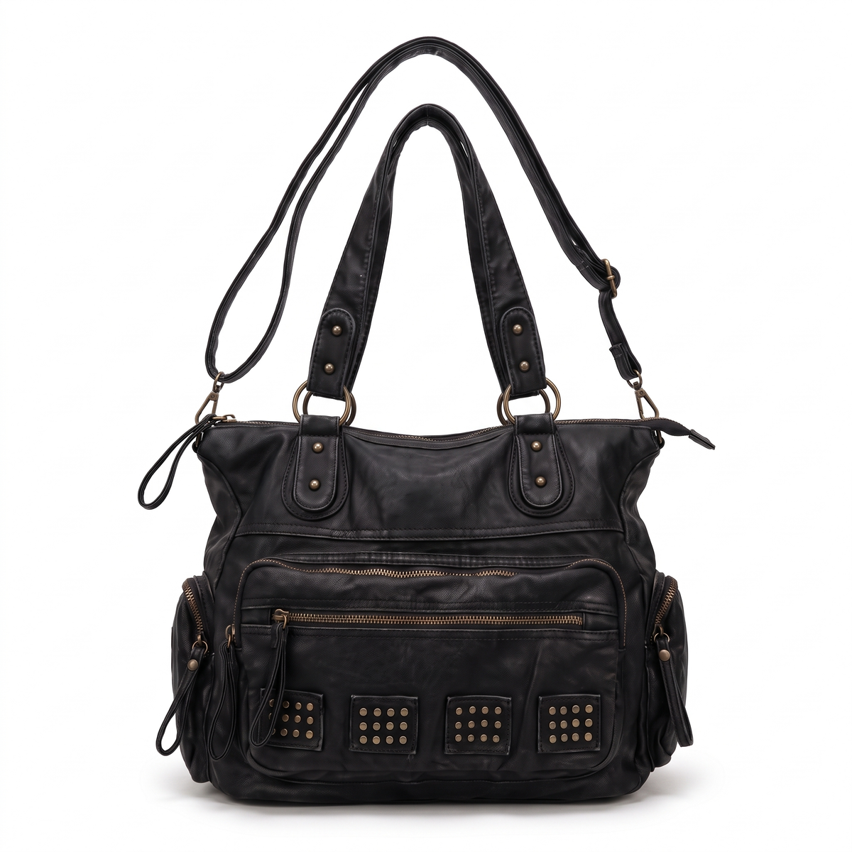 Washed Faux Leather Studded Shoulder Bag for Women, Vintage Black Y2K Bag