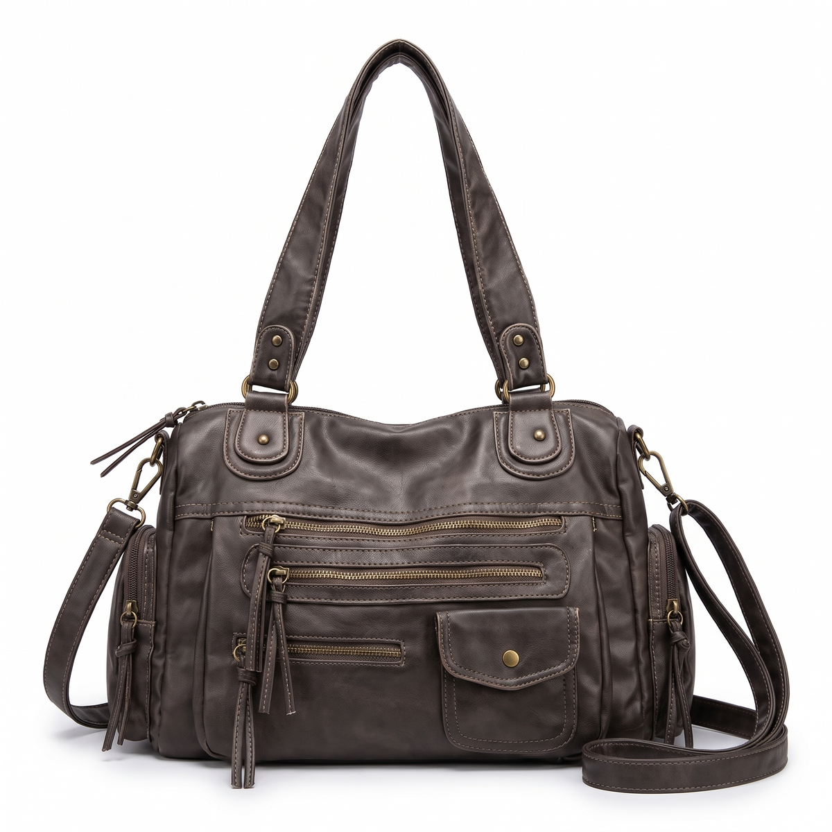 Washed Faux Leather Zip Pocket Shoulder Bag for Women, Taupe Y2K Bag