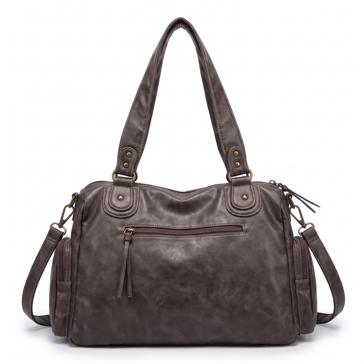 Washed Faux Leather Zip Pocket Shoulder Bag for Women, Taupe Y2K Bag