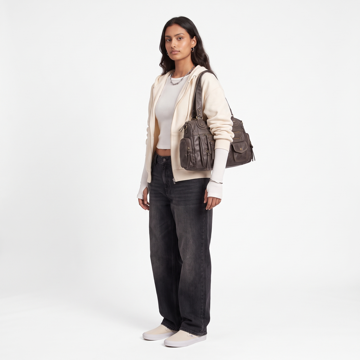 Washed Faux Leather Zip Pocket Shoulder Bag for Women, Taupe Y2K Bag