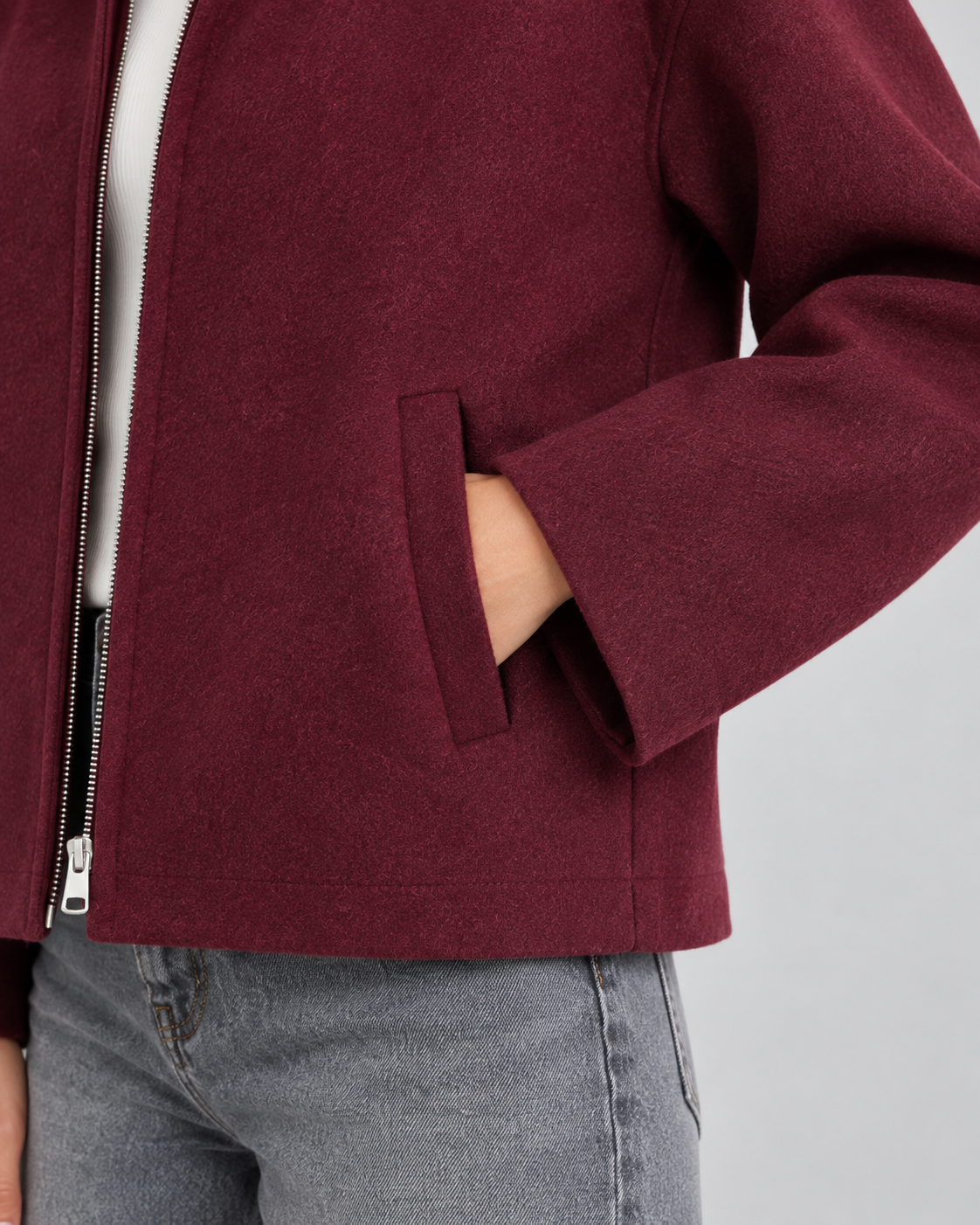 Women's Wool Look Zip Jacket – Relaxed Fit Point Collar