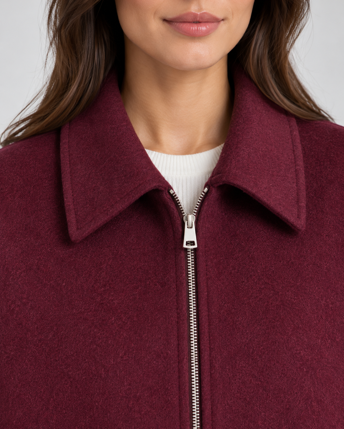 Women's Wool Look Zip Jacket – Relaxed Fit Point Collar