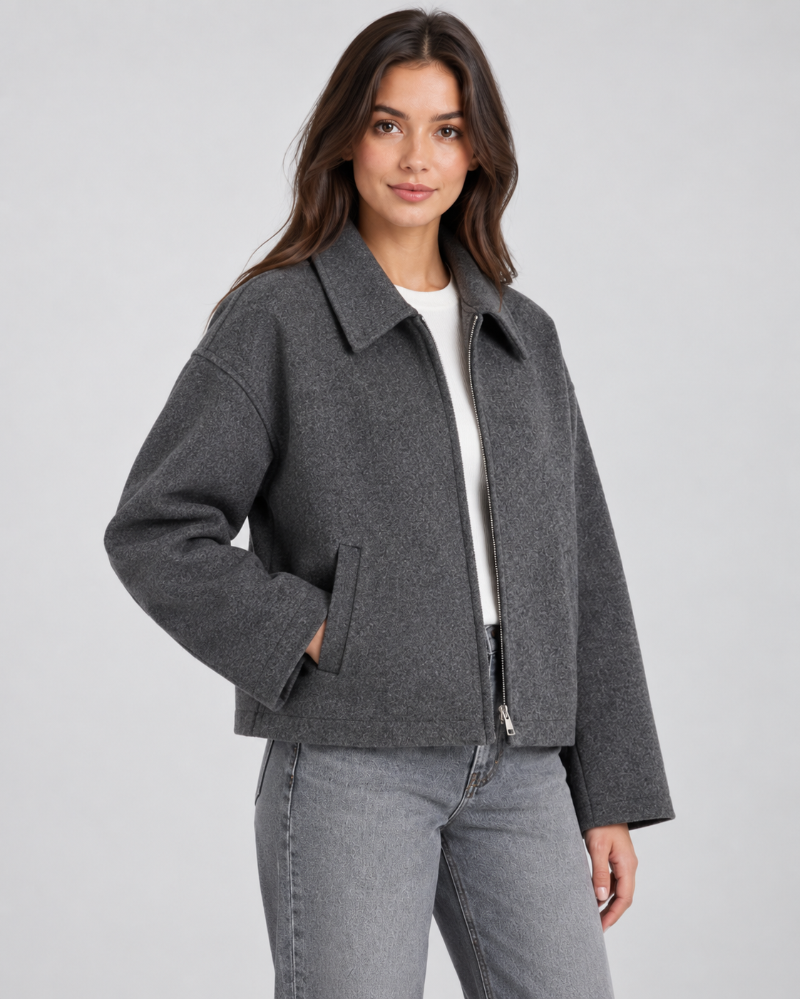 Women's Wool Look Zip Jacket – Relaxed Fit Point Collar