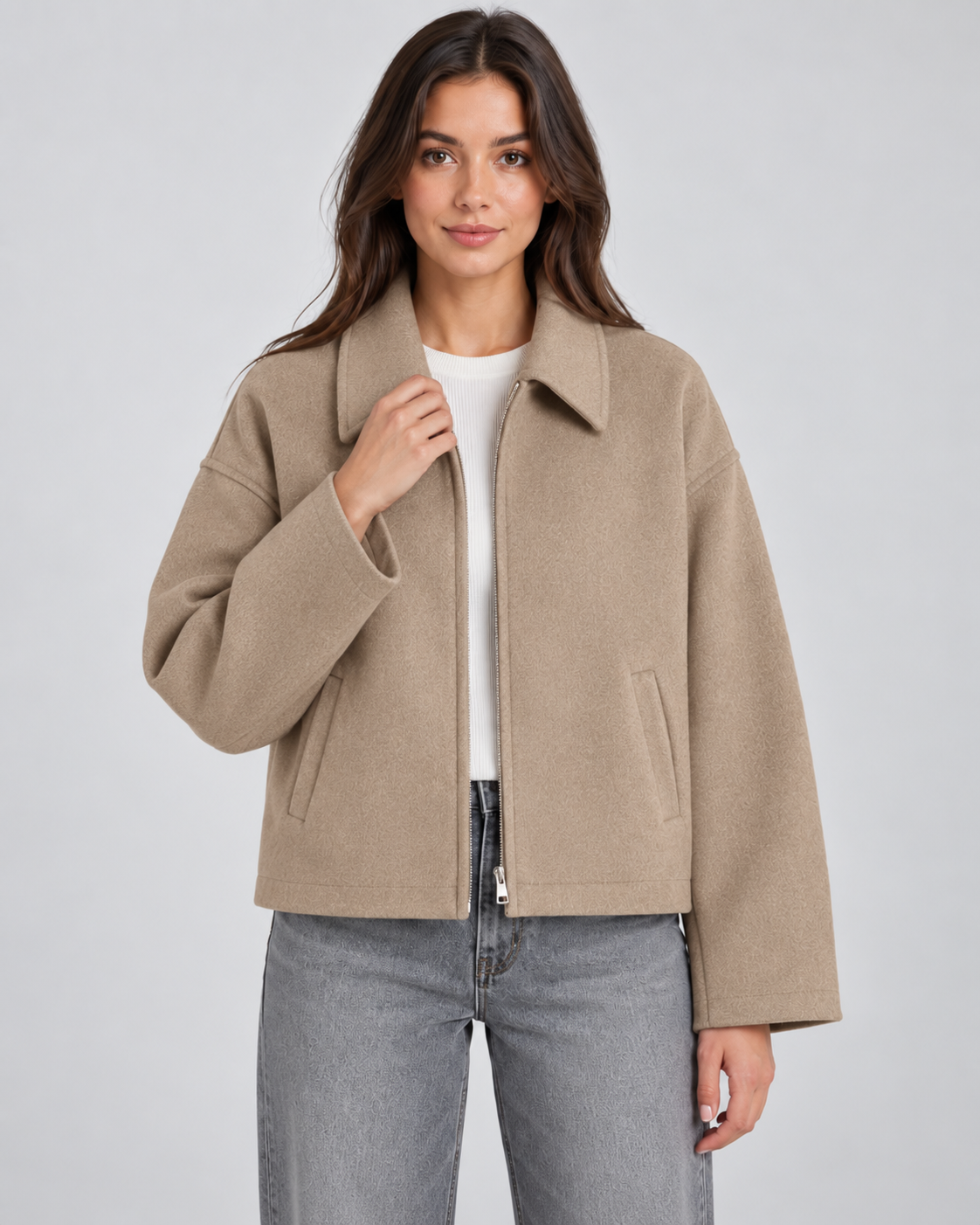 Women's Wool Look Zip Jacket – Relaxed Fit Point Collar