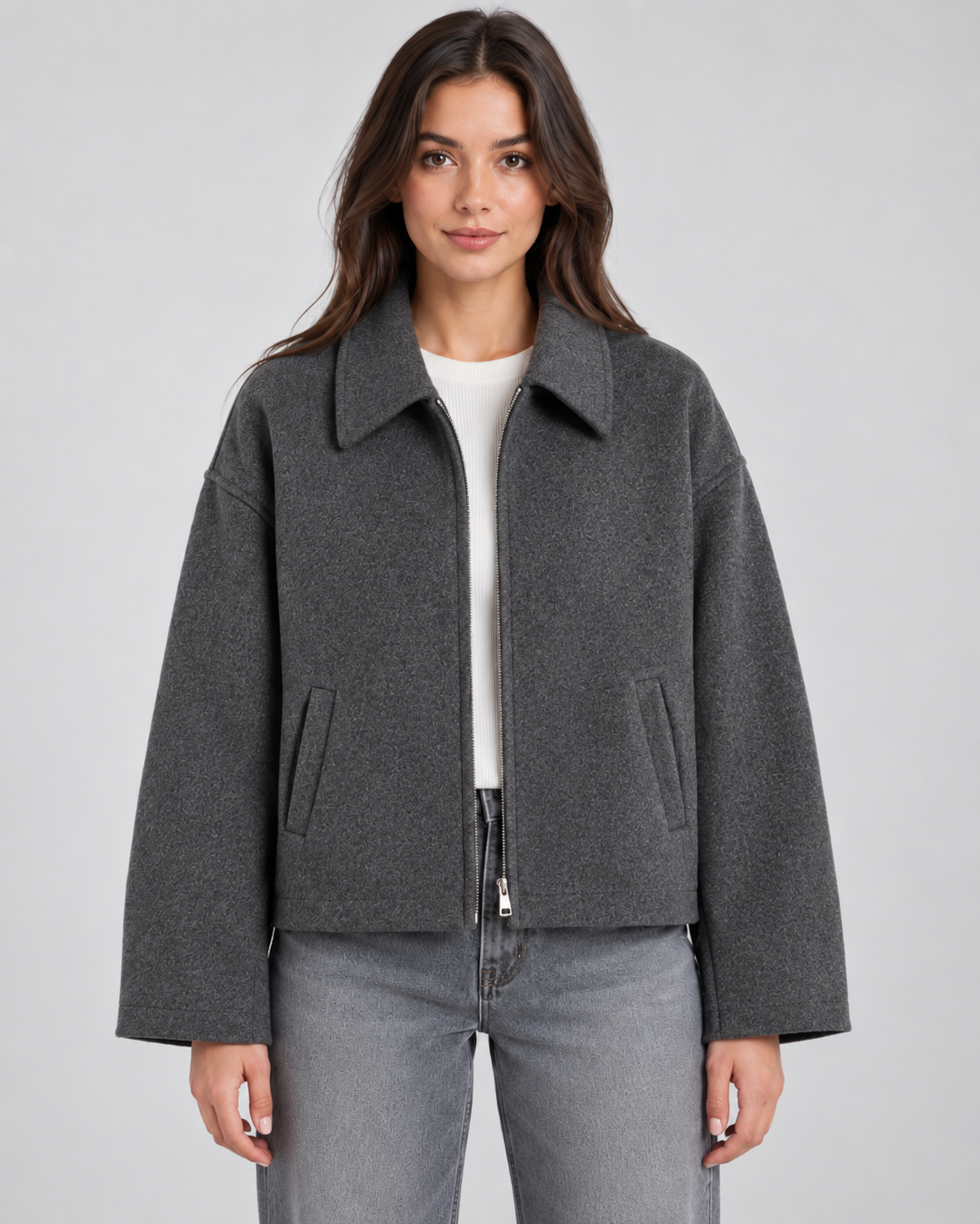 Women's Wool Look Zip Jacket – Relaxed Fit Point Collar