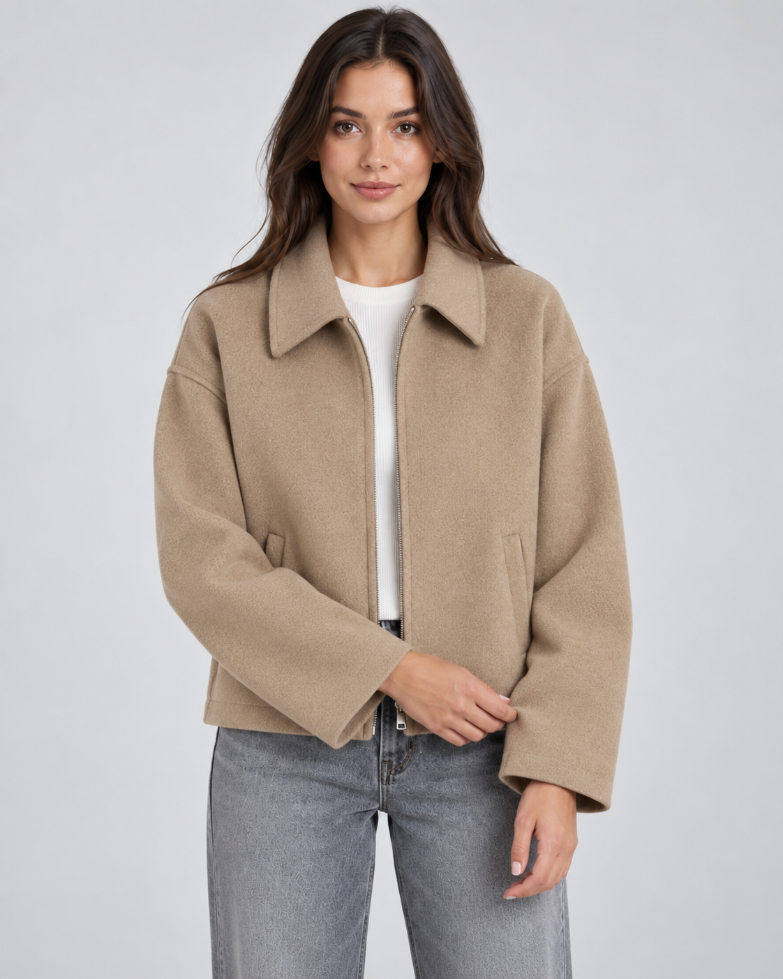 Women's Wool Look Zip Jacket – Relaxed Fit Point Collar