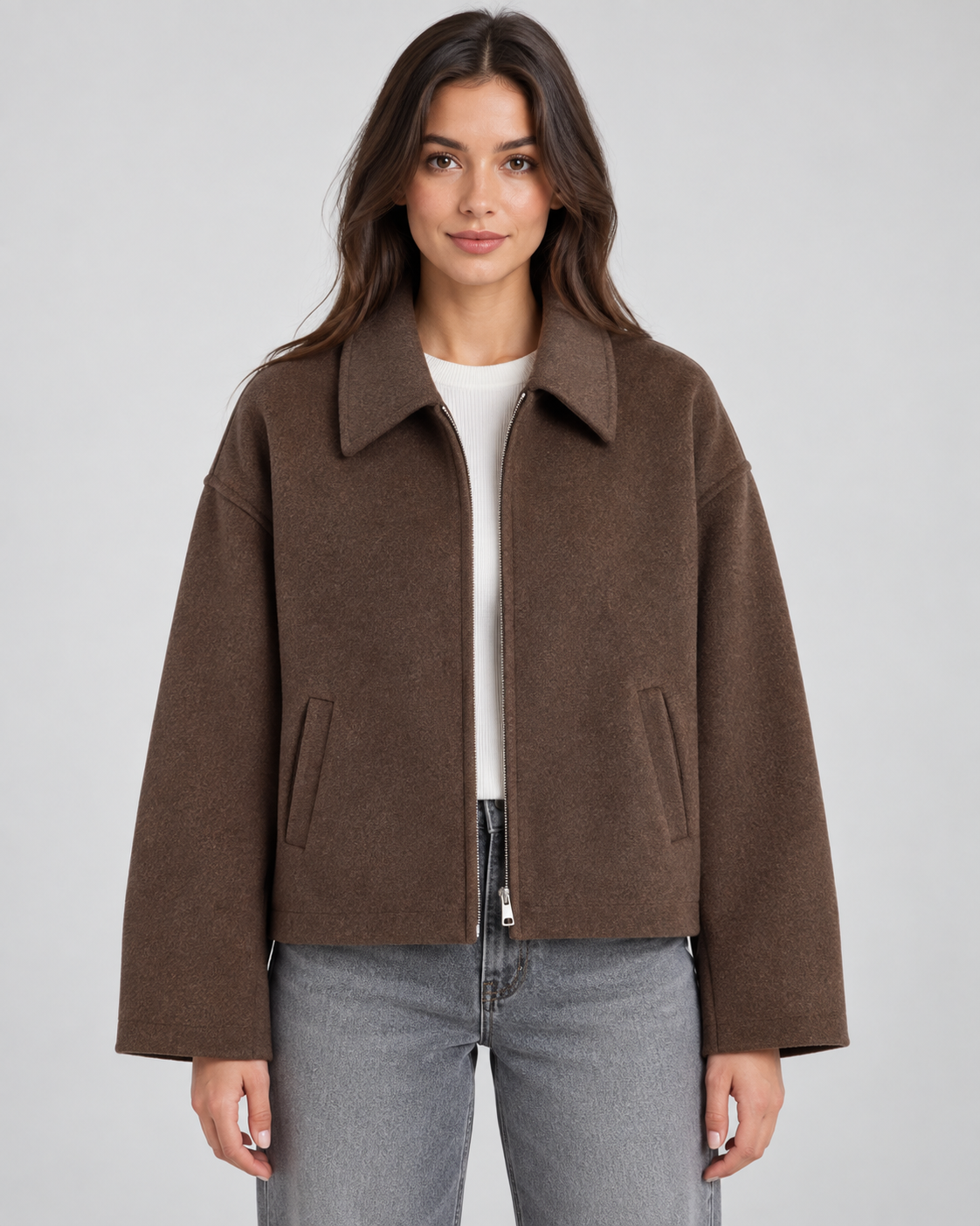 Women's Wool Look Zip Jacket – Relaxed Fit Point Collar