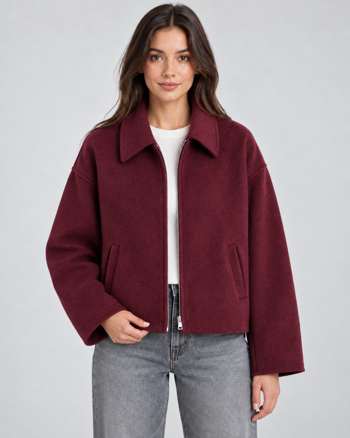 Women's Wool Look Zip Jacket – Relaxed Fit Point Collar